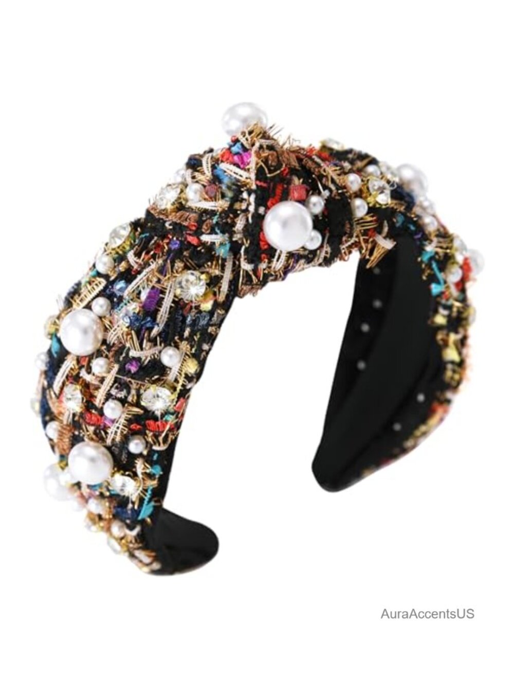 Pearl Rhinestone Tweed Knotted Headband Embellished Hair Accessory